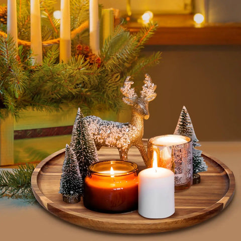 12 Inch Round Acacia Wood Serving Tray with candles and decor for tabletop use, perfect for dining and home ambiance.
