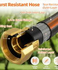 Close-up of hose construction with brass fittings, anti-kink layer, and o-ring seal for Retractable Garden Hose Reel With 100 Foot Hose.