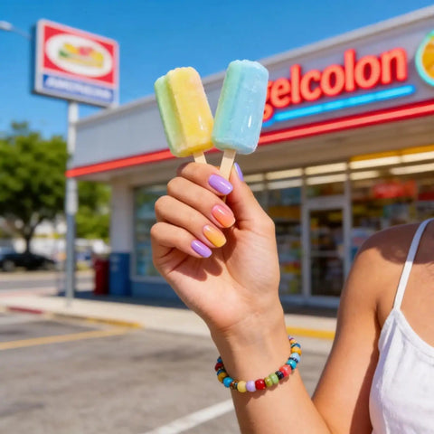 Hand holding popsicles, nails painted with Six Candy Colors Gel Nail Polish Set HEMA Free TPO Free Soak Off Gel Polish Kit 15ml UV LED Safe