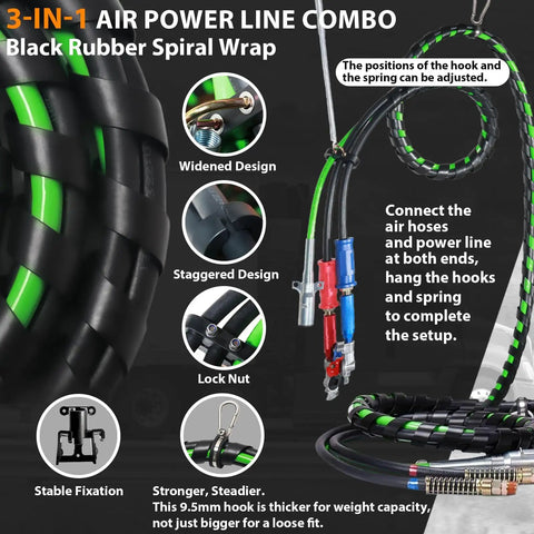 3-in-1 air power line combo with black rubber spiral wrap, featuring widened and staggered design, lock nut, stable fixation