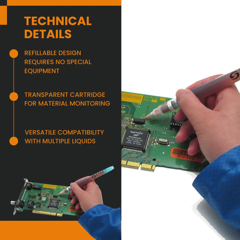 Hand using Pro Grade Flux Pen For Electronics Soldering Liquid Flux Dispensing Pen on circuit board for precise application