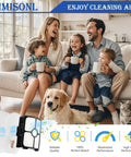 Family in living room with dog and cat, Replacement Vacuum Filter Kit For Stratos Ultralight Corded Stick Vacuum visible on couch