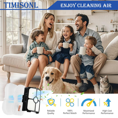 Family in living room with dog and cat, Replacement Vacuum Filter Kit For Stratos Ultralight Corded Stick Vacuum visible on couch