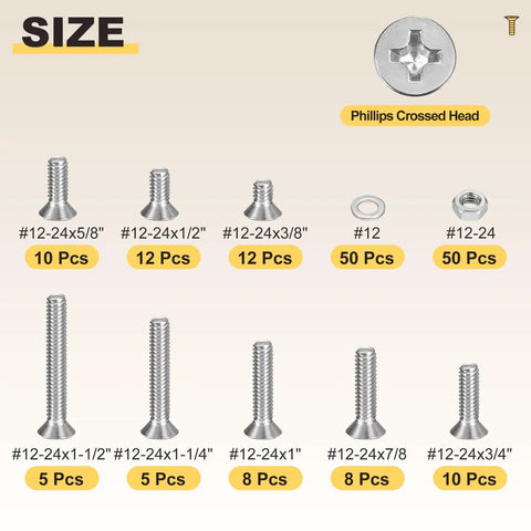 DIY Ready Stainless Steel Phillips Countersunk Bolts And Nuts Kit, 170 Piece Flat Head Screws, 12-24 Thread Size Variety
