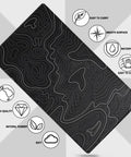 Extra Large Waterproof Gaming Mouse Pad With Stitched Edges 31.5 Inch By 15.7 Inch featuring black design and icons indicating easy to carry, smooth surface, waterproof, easy to clean, made of natural rubber, soft, and high quality.