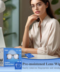 Front view of Icepac eyeglass cleaning wipes box, 320 pre-moistened, individually wrapped, on desk beside a woman with glasses.