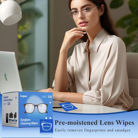 Front view of Icepac eyeglass cleaning wipes box, 320 pre-moistened, individually wrapped, on desk beside a woman with glasses.
