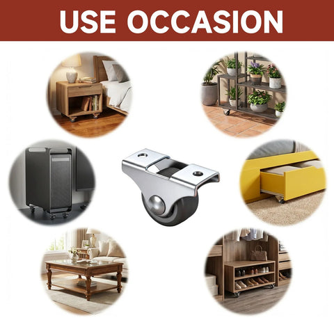 4 Pack 1 Inch Small Non Swivel Caster Wheels With Top Plate And Screws, shown on furniture and storage items.