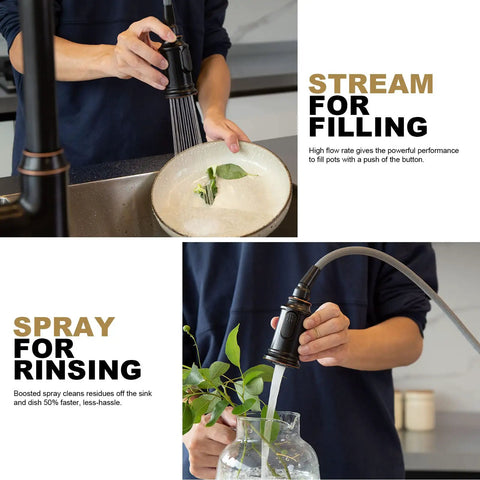 Oil Rubbed Bronze Pull Down Kitchen Faucet With Sprayer demonstrating stream and spray functions for filling and rinsing.