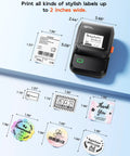Dead Simple Wireless Bluetooth Label Printer With Tape Slick Portable Unit generates various label designs up to 2 inches wide.