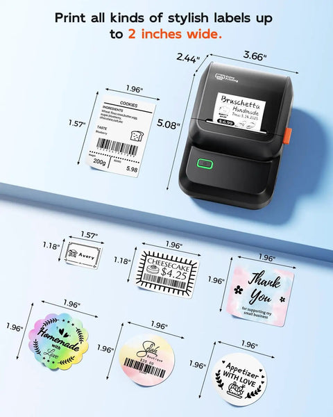 Dead Simple Wireless Bluetooth Label Printer With Tape Slick Portable Unit generates various label designs up to 2 inches wide.