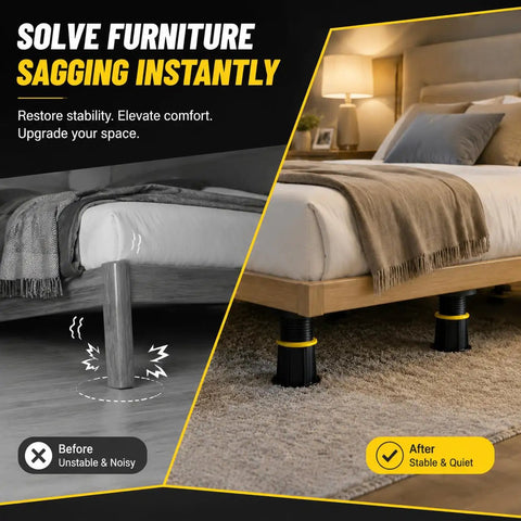 Heavy Duty Adjustable Bed Support Legs Built Tough Keep Your Mattress Frame Slammin Steady Height Tweakable Four Point One To Seven Point Three Inches Two Pack before and after comparison of bed stability.