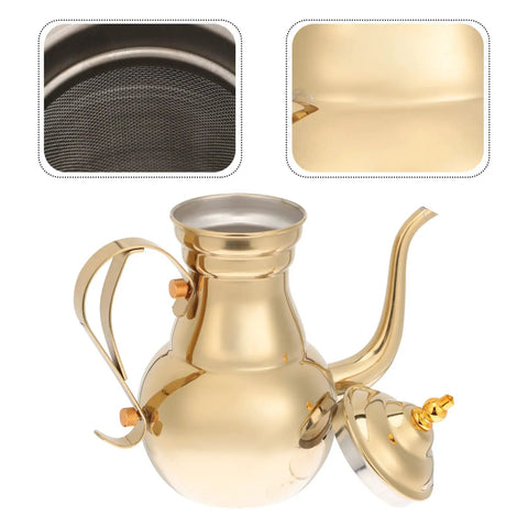 Golden Stainless Steel Turkish Coffee Pot Cezve Style For Rich Stovetop Brews At Home Pro-Grade Barista Finish With Even Heat Distribution And Easy Pour Spout 1 Count, featuring a shiny body and spout with an open lid.