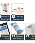 Compact First Aid Kit For Bleed Control On The Go With Vacuum Sealed Pack Includes Compressed Gauze Petrolatum Gauze ETD Gloves And Surgical Tape For Non Medic Caregivers And Emergency Responders components displayed individually