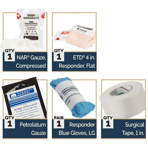 Compact First Aid Kit For Bleed Control On The Go With Vacuum Sealed Pack Includes Compressed Gauze Petrolatum Gauze ETD Gloves And Surgical Tape For Non Medic Caregivers And Emergency Responders components displayed individually