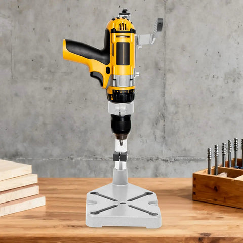 Adjustable Drill Press Stand For Hand Drill Benchtop Workstation with heavy duty metal base and precision depth control, showcasing tool setup.
