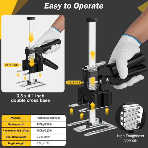 2-Pack Labor Saving Arm Jack 12 Inch Tool Lift For Drywall Tile Walls And Cabinet Positioning in use demonstrating lift and descend