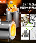 VEVOR 12kg propane melting furnace kit, front view; stainless steel foundry with crucible and tongs, metal ingots.