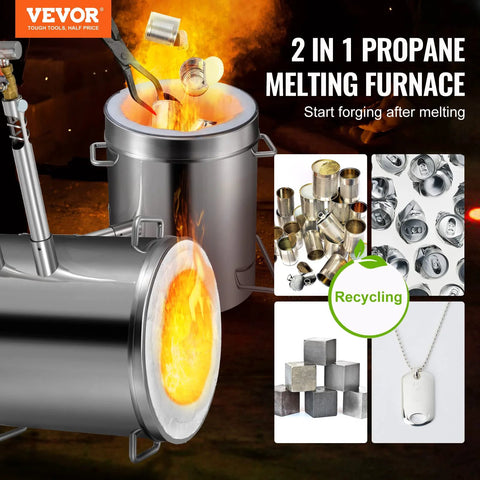 VEVOR 12kg propane melting furnace kit, front view; stainless steel foundry with crucible and tongs, metal ingots.