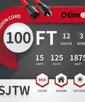 Red 100 Ft Outdoor Extension Cord 12/3 SJTW, 2-Pack Heavy Duty 3-Prong Grounded Cables features 100 ft length and 15A capacity.