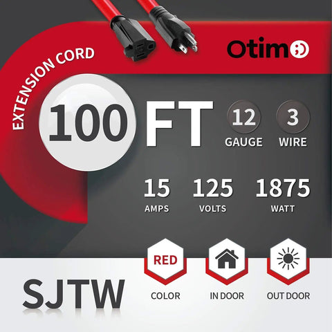 Red 100 Ft Outdoor Extension Cord 12/3 SJTW, 2-Pack Heavy Duty 3-Prong Grounded Cables features 100 ft length and 15A capacity.