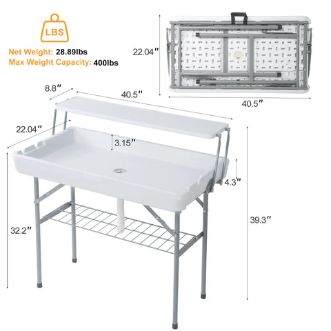Two Tier Folding Ice Cooler Table With Skirt And Grid Rack Drain Hose Portable Party Table For Patio, Picnic, Camping And Wedding Use Keeps Drinks Cold And Food Fresh White, dimensions and weight details displayed