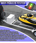 4-Way Flat Trailer Wiring Tester With 4-Pin Double End Male And Female Plugs, clear indicator lights, connected to trailer