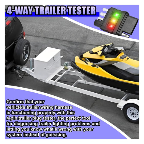 4-Way Flat Trailer Wiring Tester With 4-Pin Double End Male And Female Plugs, clear indicator lights, connected to trailer