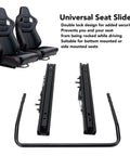 Universal Seat Sliders With Dual Lock Design For Bottom Or Side Mounted Seats, black steel sliders with bracket