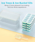 Four Pack Silicone Ice Cube Trays With Lid And Storage Bin Includes Scoop For Effortless Freezer Organization and perfect cubes.