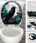 Round Decorative Toilet Seat for Bathroom featuring a crow and teal roses, quick-release hinges, fits various toilet sizes.