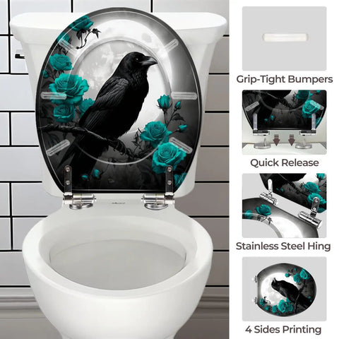 Round Decorative Toilet Seat for Bathroom featuring a crow and teal roses, quick-release hinges, fits various toilet sizes.