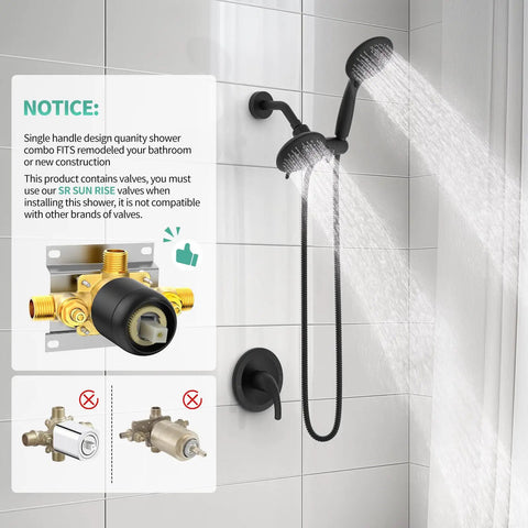 Oversized 2 In 1 Shower Head And Handheld Combo With 6 Spray Settings Including Power Rain Massage Stay Warm Mist And Pause 3 Way Shower Faucet System In Matte Black With Valve