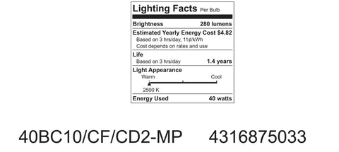 Label showing lighting facts for Crystal Clear Blunt Tip Decorative Light Bulbs Featuring Candelabra Base, 25 Watt, 220 Lumen Soft White For Chandeliers And Lamps, 12 Pack, Long Lasting Visible Bulbs To Boost Cozy Home Vibe.