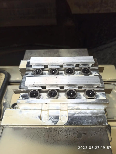 Hexagonal Side Fixed Fixture for CNC Machining Centers, Beefy Small Precision Clamping Block, Multi Station OK Fixture, Pro Grade Hardened 45 Steel, M6 Thread, 16mm Wide by 5.5mm High, Centered Hole, Edge Clearance, 10 Pack on CNC vise