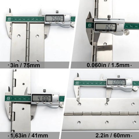 Close-up measurement of Two Pack Pro Grade 304 Stainless Steel Piano Hinges 16 Inches Long By Three Inches Wide.