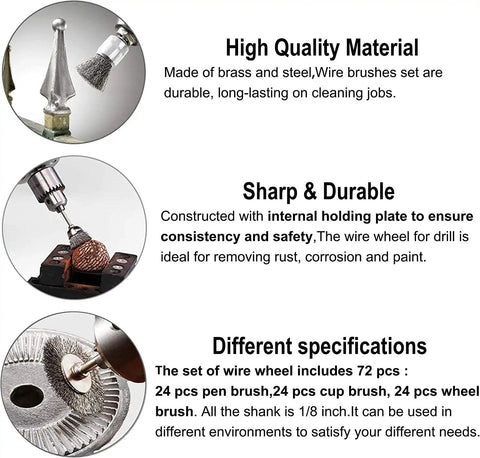 Close-up of a 300 Pack Pen Style Wire Brush Set for Rotary Tools with brass and steel wire wheels for rust removal and polishing.