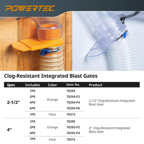 4-Inch Integrated Blast Gate Dust Collection Fitting With Clog-Resistant Anti-Gap Design, orange and clear options displayed.
