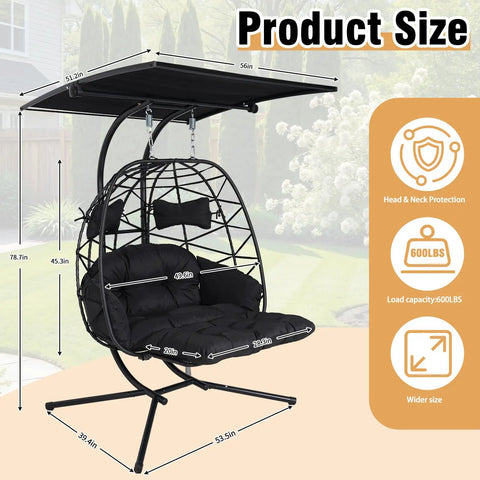 Dimensions of Two Person Outdoor Double Egg Chair With Stand And Adjustable Canopy For Patio And Garden, black design