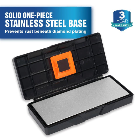 Double Sided Diamond Knife Sharpener Stone With Coarse 325 Grit And Extra Fine 1200 Grit, open storage case showing one grit side