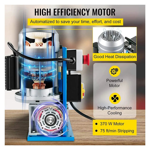 Close-up view of Automatic Electric Wire Stripper Machine For Copper Scrap Peeler Tool 370W motor cooling system and dial.