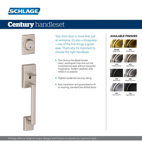 Century Exterior Half Handleset With Deadbolt, Matte Black Finish, Single Cylinder Entry Lock, display of handle features and finishes