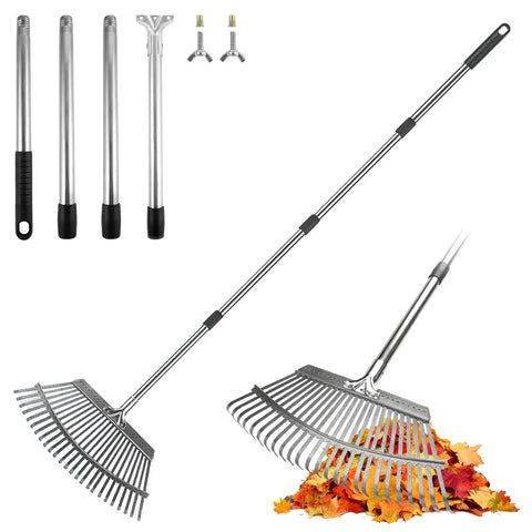 Adjustable Leaf Rake For Lawn And Garden 18 Inch Wide Metal Head 62 Inch Extendable Handle Back Saving Yard Cleanup Tool.