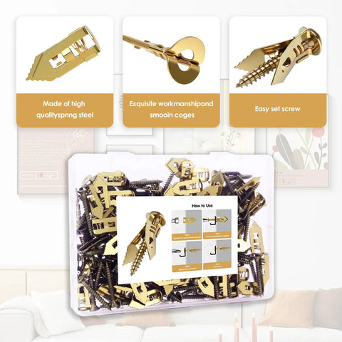 Close-up of Heavy Duty Drywall Anchors And Screws Kit No Drill Needed DIY Friendly 180 Piece Self Drilling Set with gold zinc anchors.