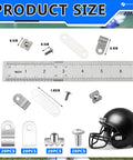 32 Piece Helmet Repair Kit with ruler showing sizes of nuts, screws, R clips, rubber gaskets, and helmet for football gear repair