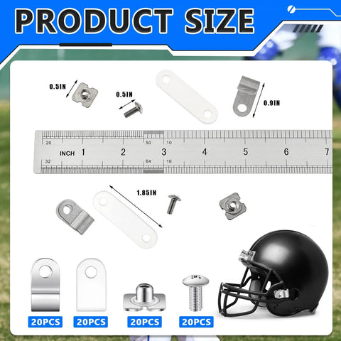 32 Piece Helmet Repair Kit with ruler showing sizes of nuts, screws, R clips, rubber gaskets, and helmet for football gear repair
