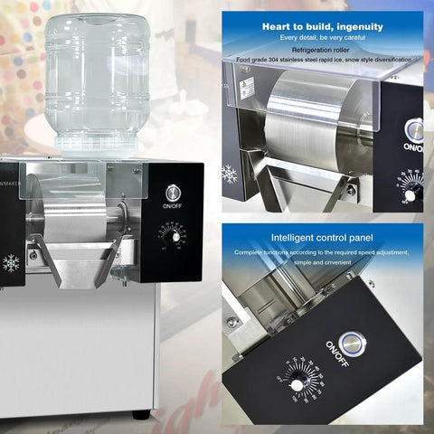 Commercial Snowflake Ice Machine Making Two Seventy Five Pounds Daily Automatic Shaved Ice Maker with stainless steel features.