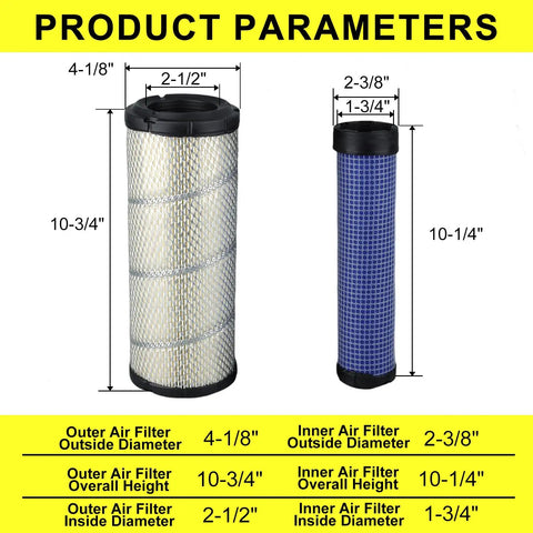 Dimensions of outer and inner air filters from Go To Outer And Inner Air Filter Kit For Kawasaki And Kohler Engines Fits 25 HP Models