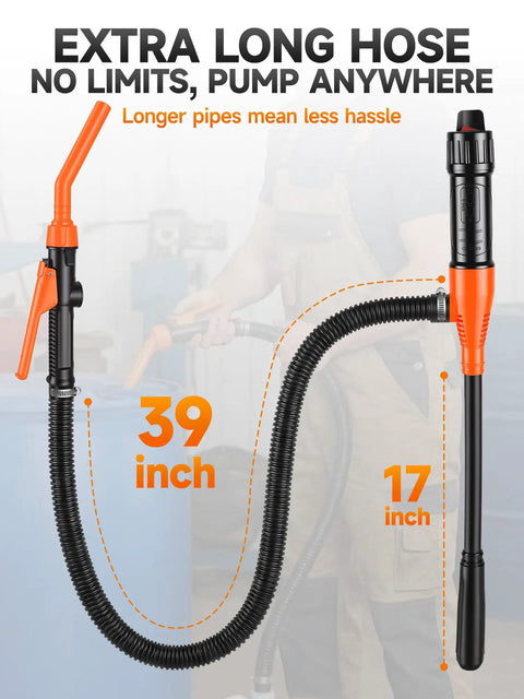 Grab And Go Portable Electric Fuel Transfer Pump Cordless Gas Siphon Battery Operated Fuel Dispenser with 39 inch hose for versatile use.
