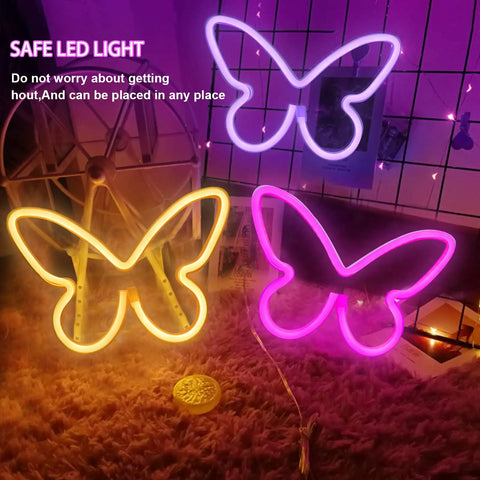 Three Piece Butterfly Neon Signs Set For Bedroom Decor Dope Battery Powered LED Neon Lights in purple, yellow, and pink glow.
